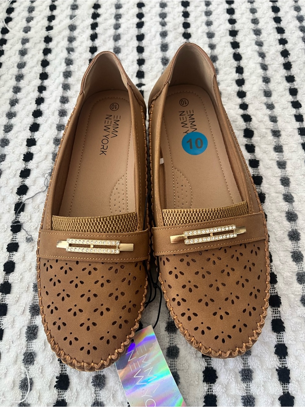 Women's Tan Perforated Loafers with Decorative Bar